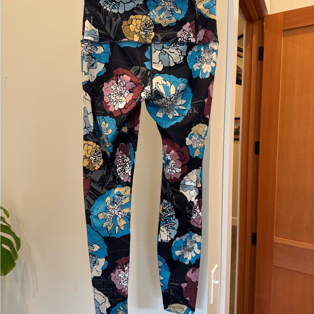 adidas Black Floral Leggings with Blue, Yellow & Burgundy Blooms